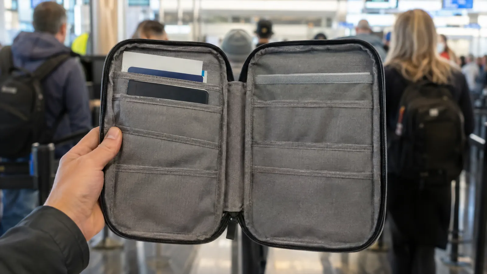 Hand holding open the Valante gray document organizer showing passports and boarding passes tucked inside