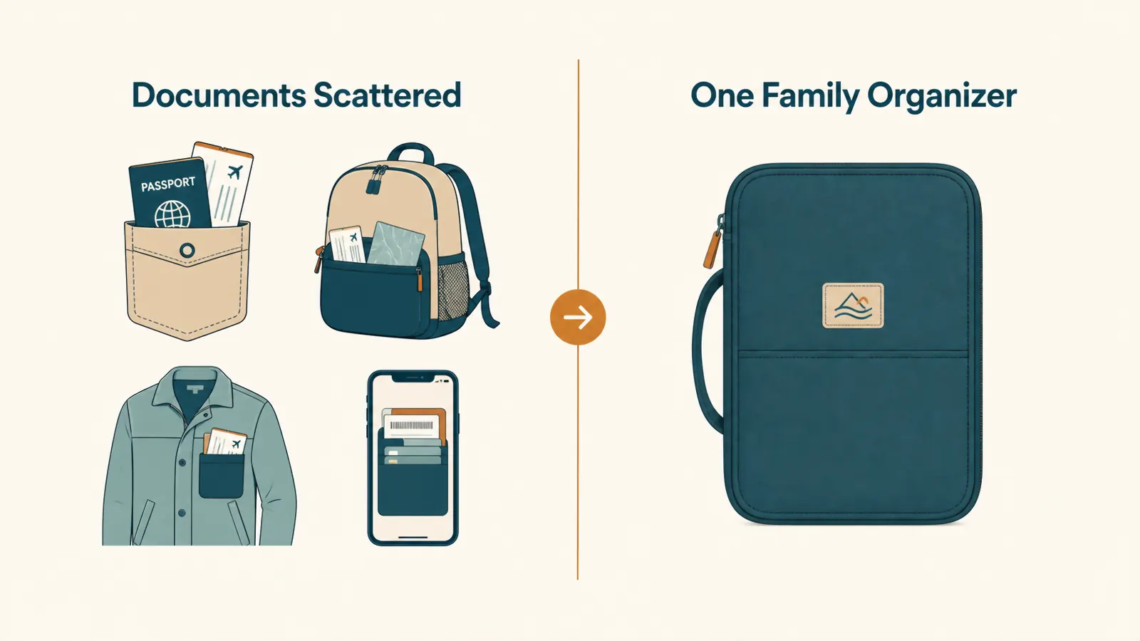 Simple chart comparing scattered travel documents to documents kept in one organizer
