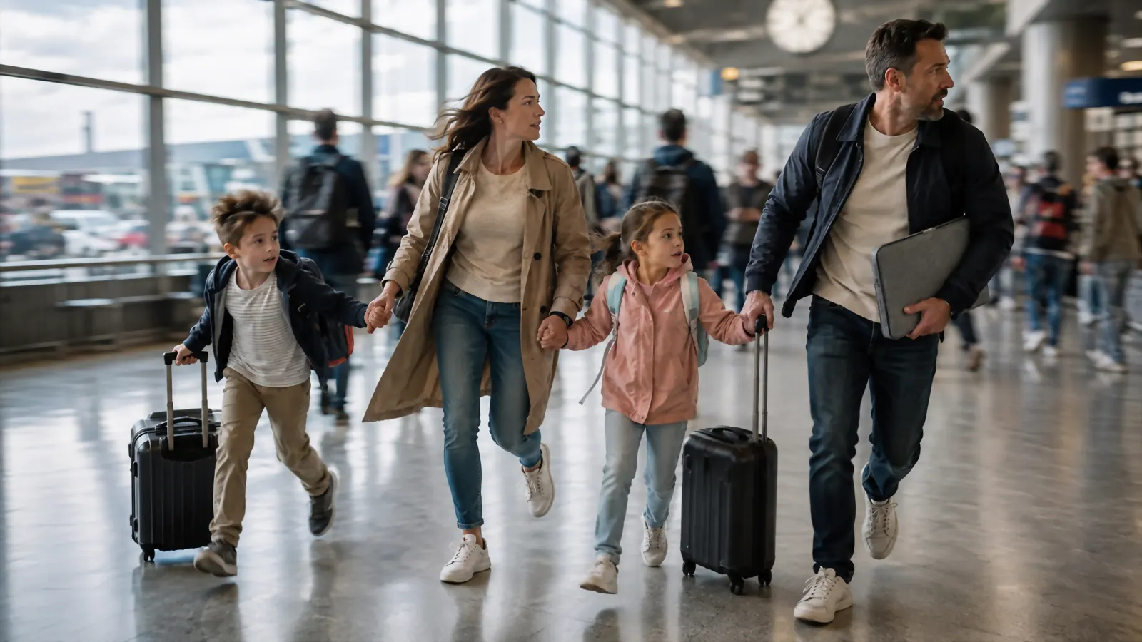 Family walking briskly through an airport terminal toward a gate, parent holding a gray document organizer