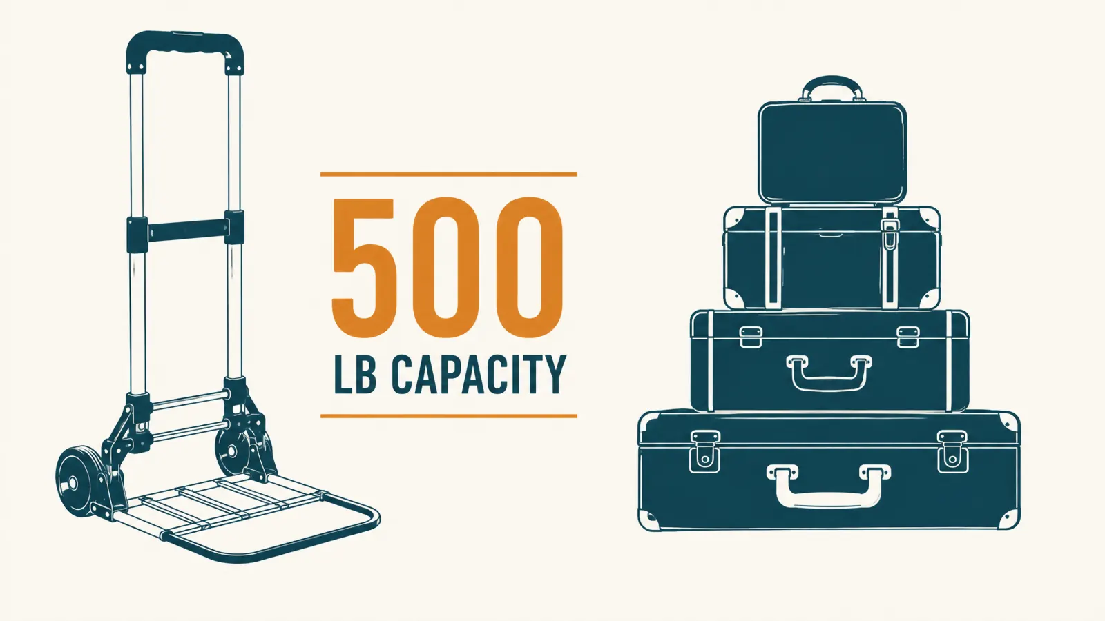 Simple graphic showing the folding luggage cart's 500 pound weight capacity next to a stack of luggage