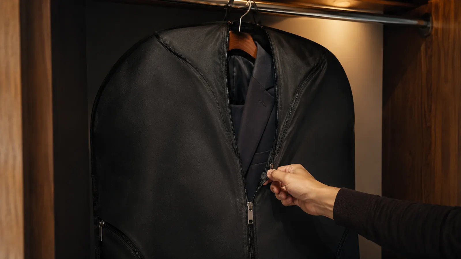 Hand unzipping a garment bag in a hotel closet to reveal a wrinkle-free suit hanging inside