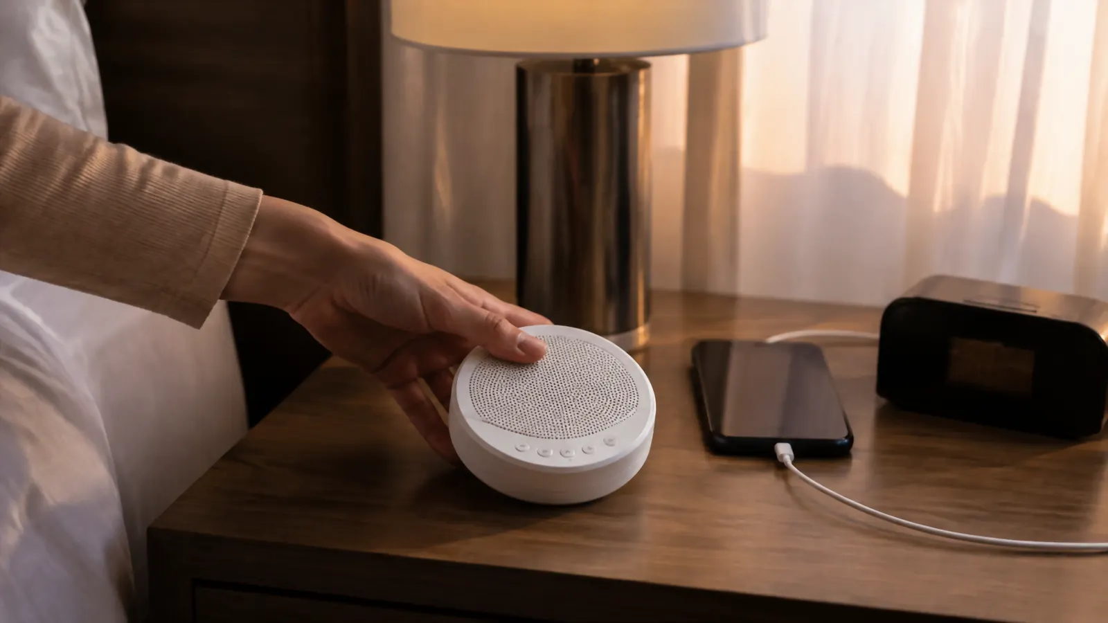 Hand placing the Dreamegg sound machine on a hotel nightstand next to a phone charger