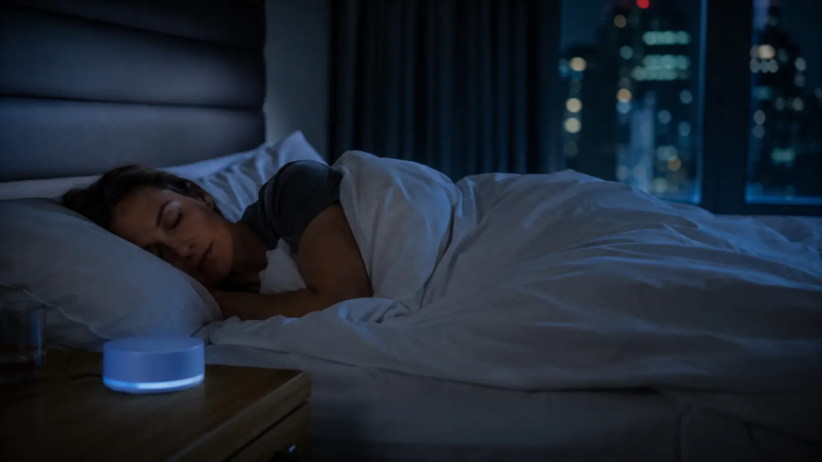 Traveler asleep in a hotel bed with a sound machine glowing quietly on the nightstand