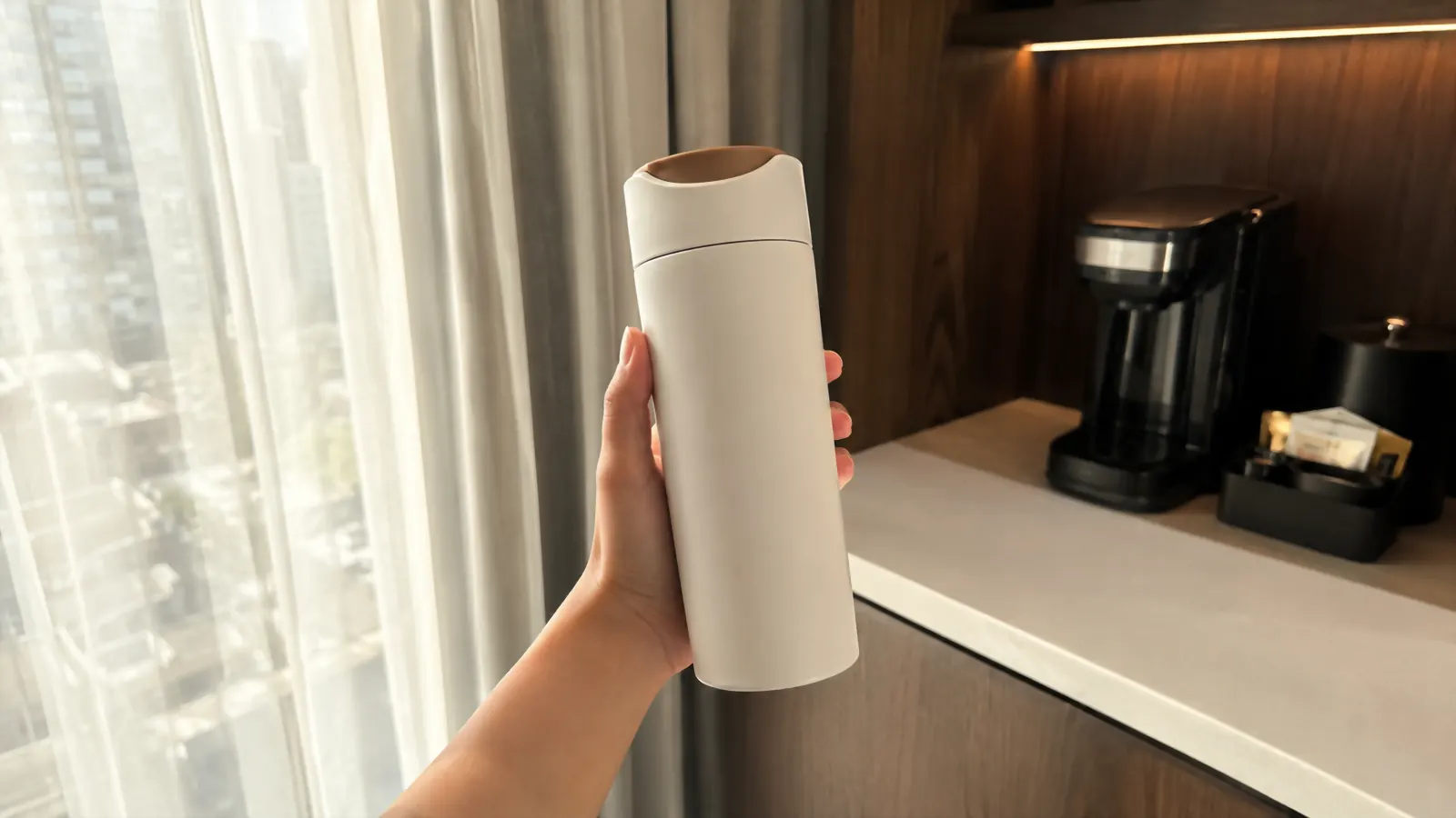 Hand holding the Owala SmoothSip insulated travel tumbler in a hotel room