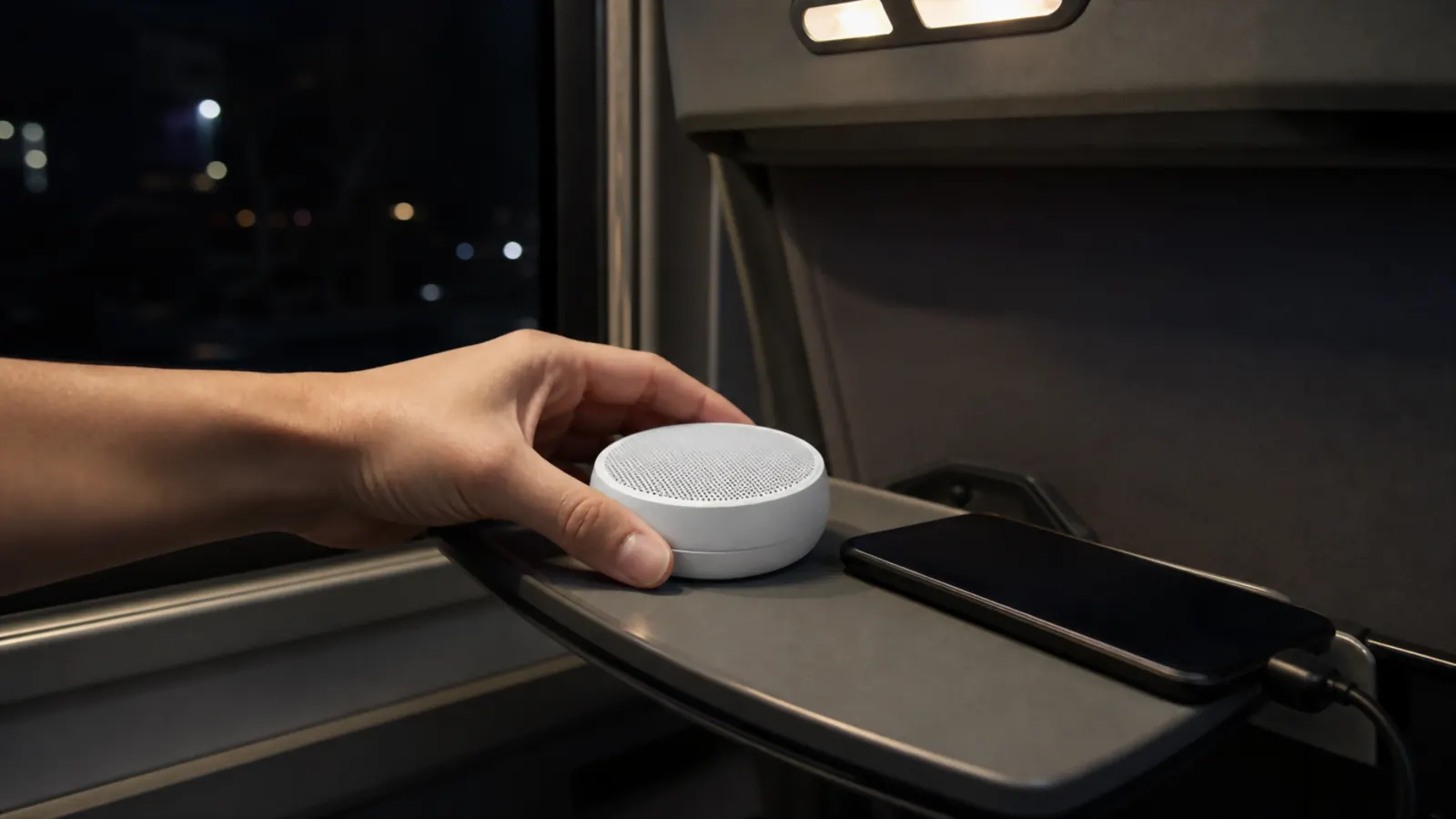 Hand setting the Dreamegg noise machine on a fold-down bus tray table next to a phone