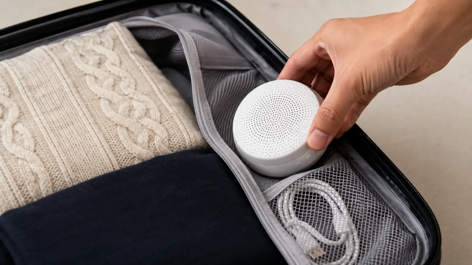 Hand placing the Dreamegg noise machine into a packing cube next to a charging cable