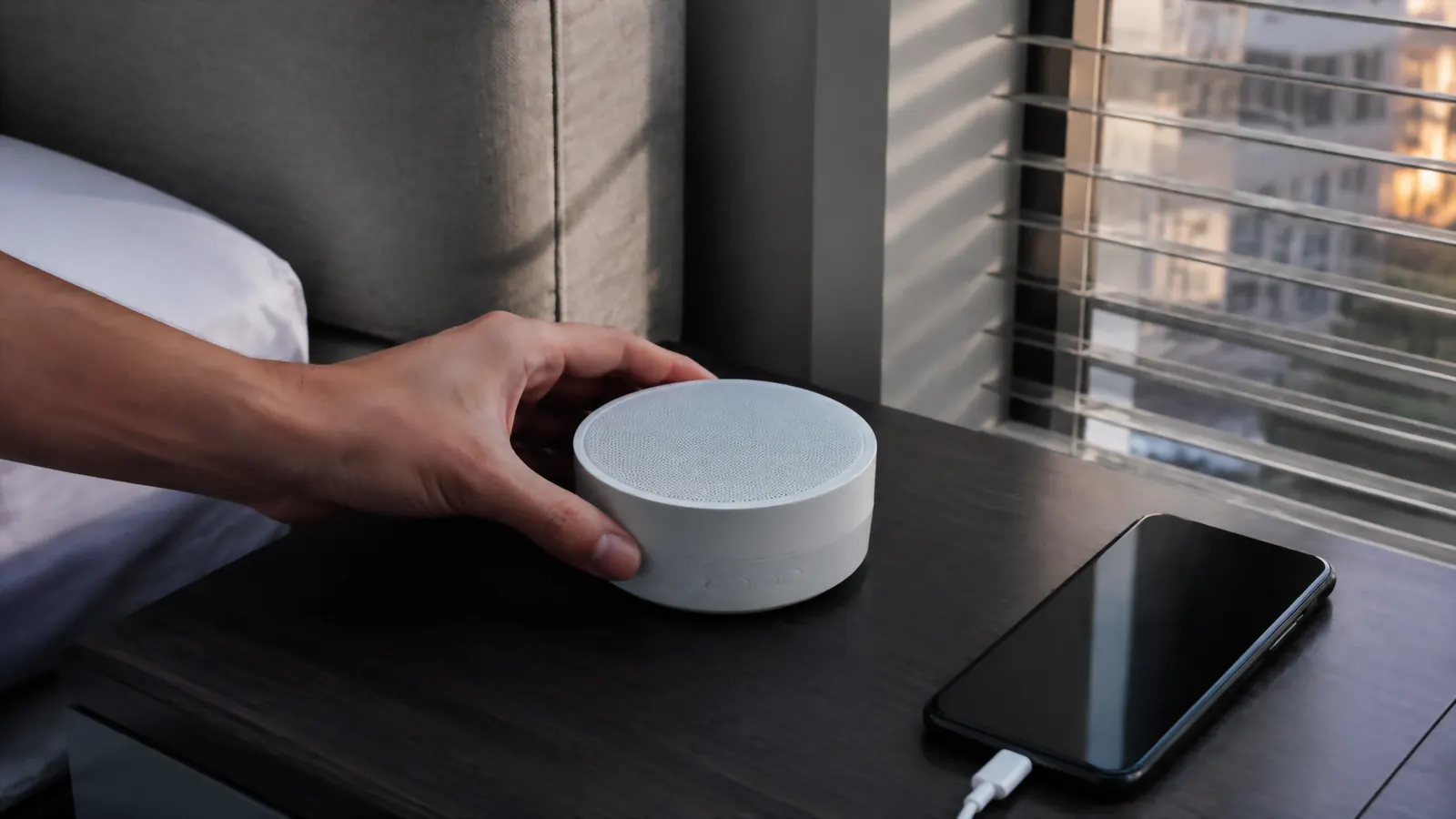 Hand setting the Dreamegg noise machine on a nightstand in a sparsely furnished extended-stay apartment