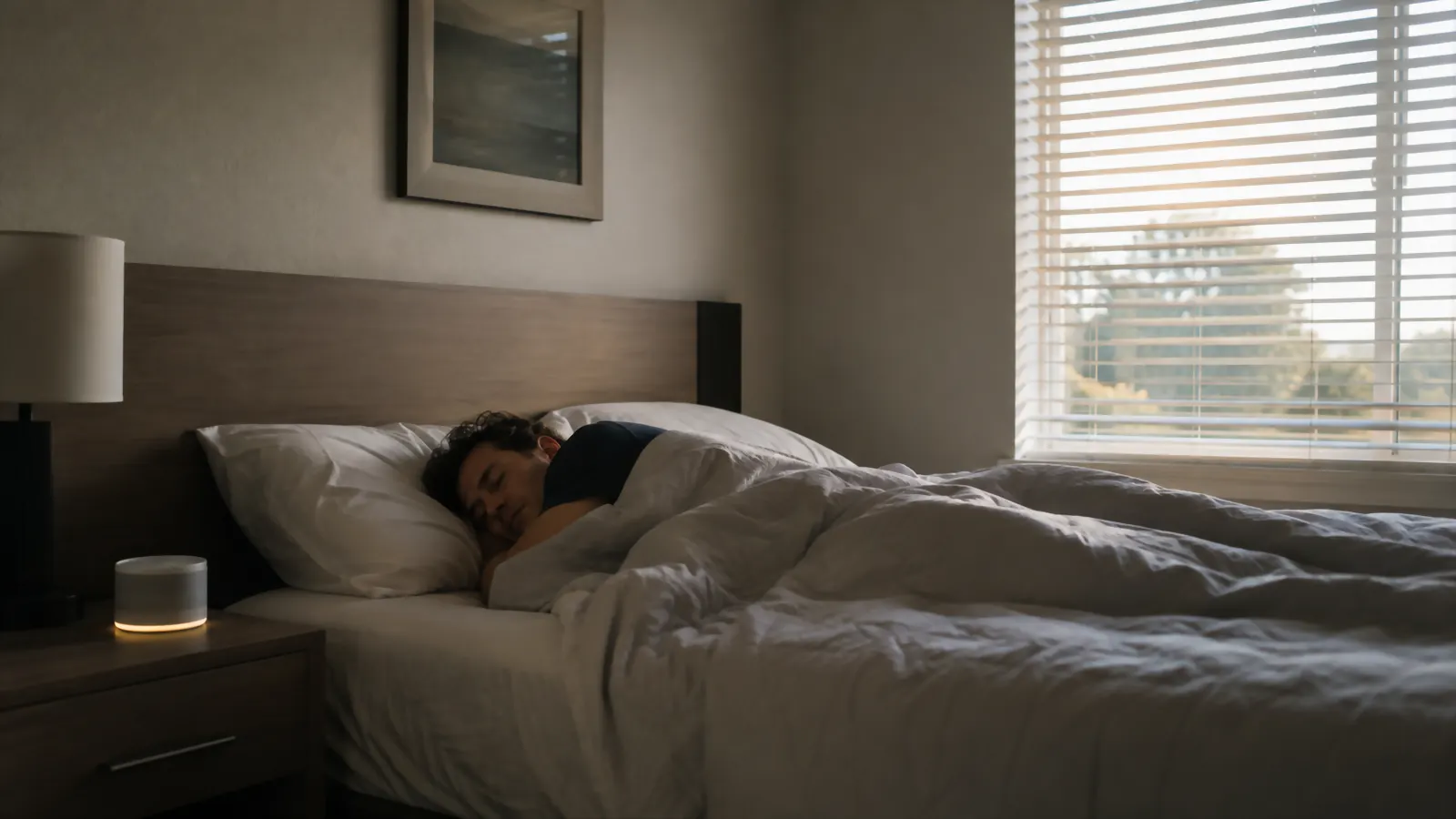 Traveler asleep in an extended-stay apartment bedroom at dawn with soft light through the blinds
