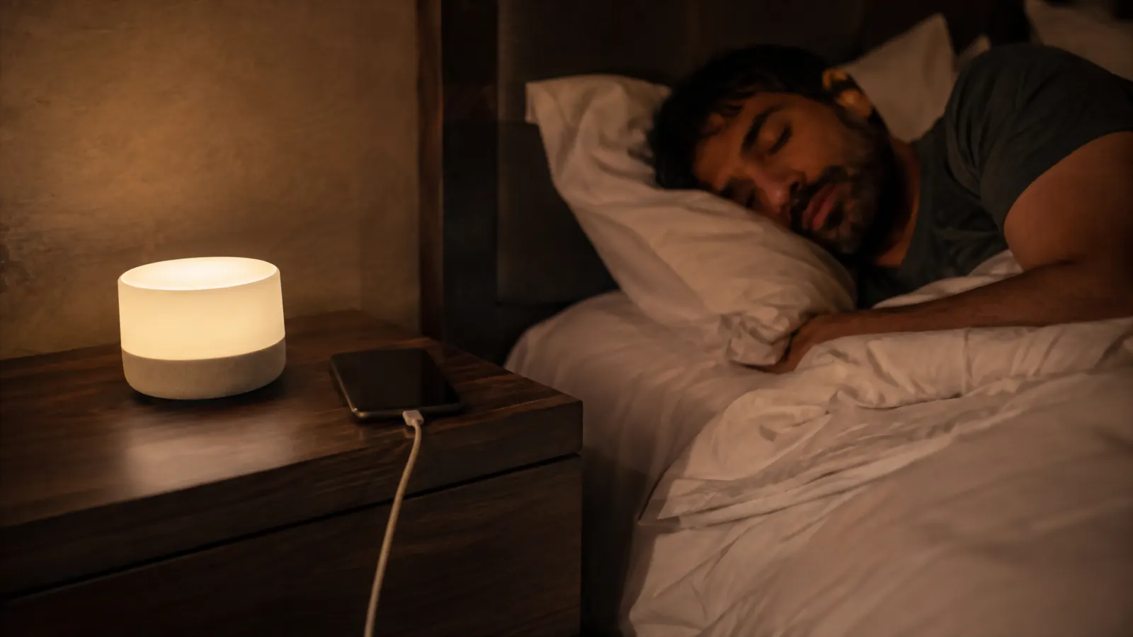 A traveler asleep in a dim hotel room with a small white noise machine glowing quietly on the nightstand, phone face-down and charging beside it