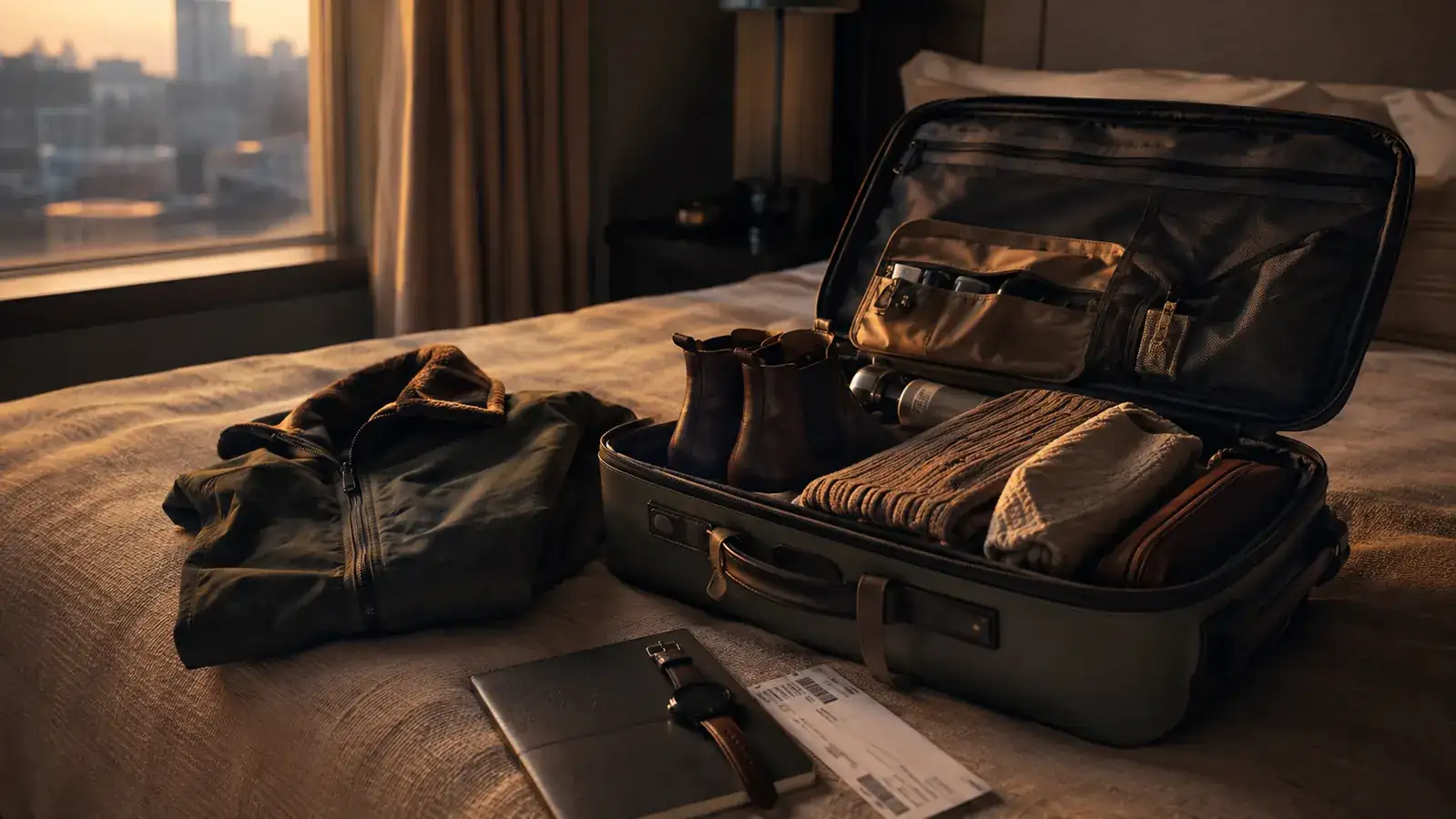 An open carry-on bag on a hotel bed at first light, packed with well-used travel gear beside a folded jacket and a boarding pass