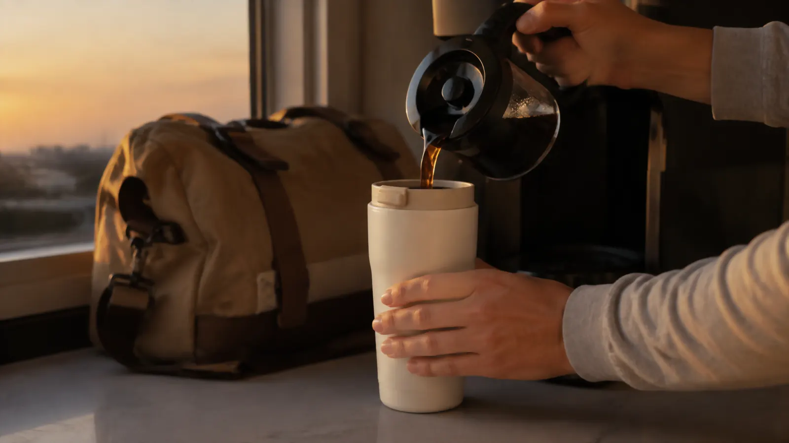 Hand pouring hot coffee from a hotel room coffee maker into the Owala SmoothSip tumbler before leaving for the airport