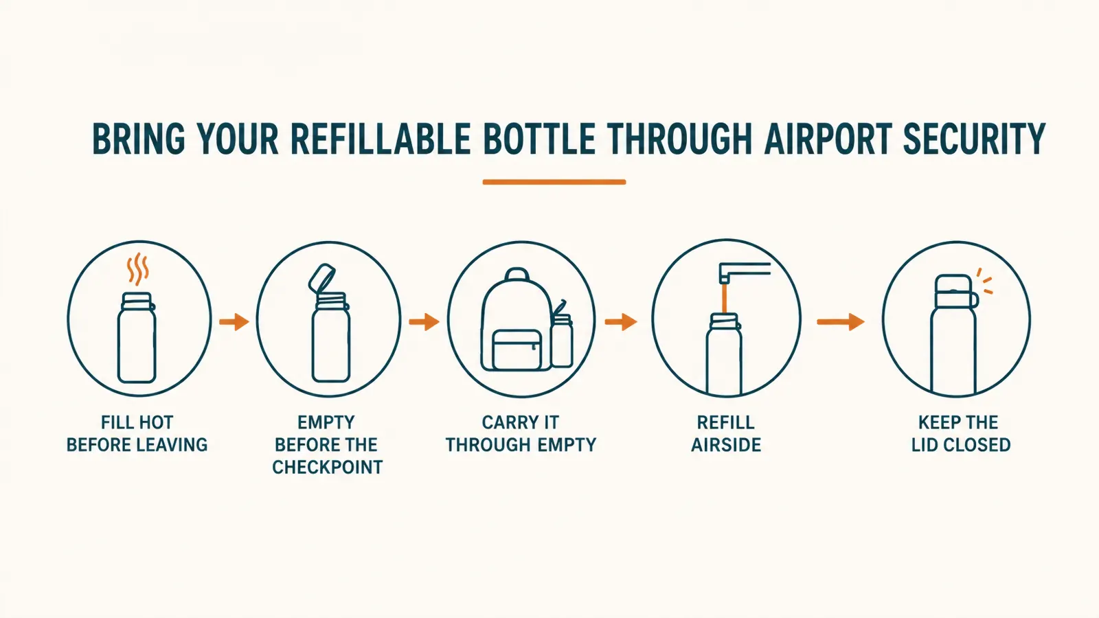 Simple flow chart showing the sequence from filling the tumbler at home through security to refilling on the other side
