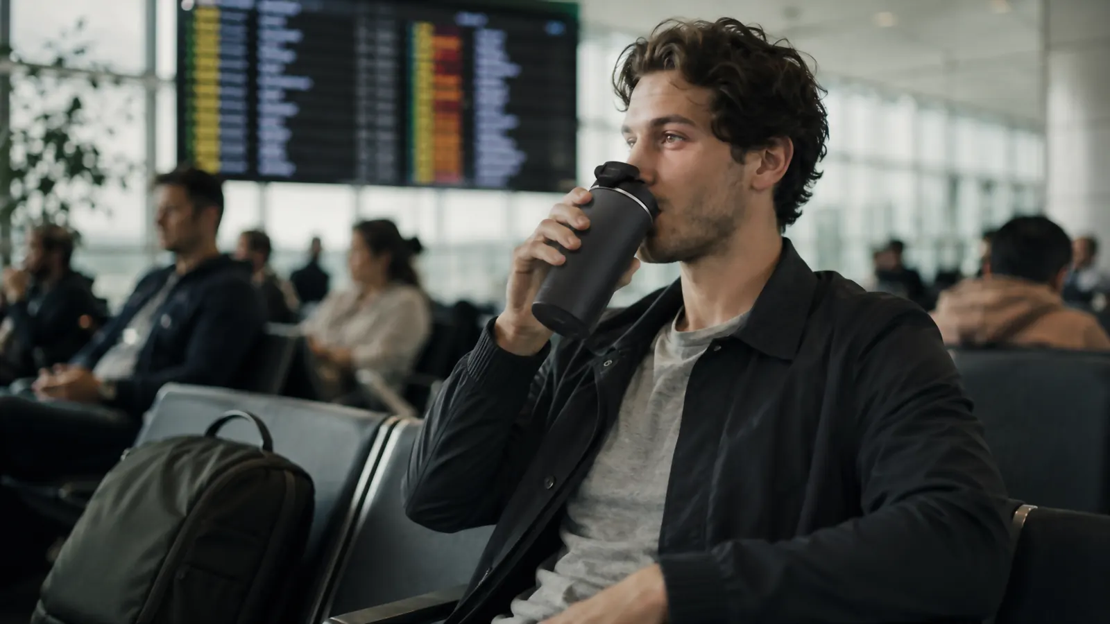 A traveler sipping from an insulated tumbler at a gate seating area with a departures board visible in the background