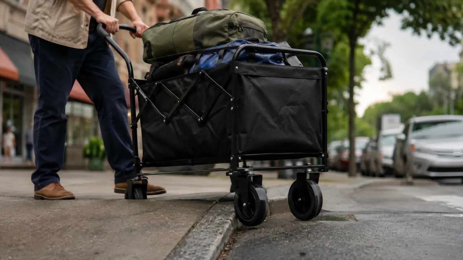 Loaded folding luggage cart approaching a curb at an angle with front wheels lifting first