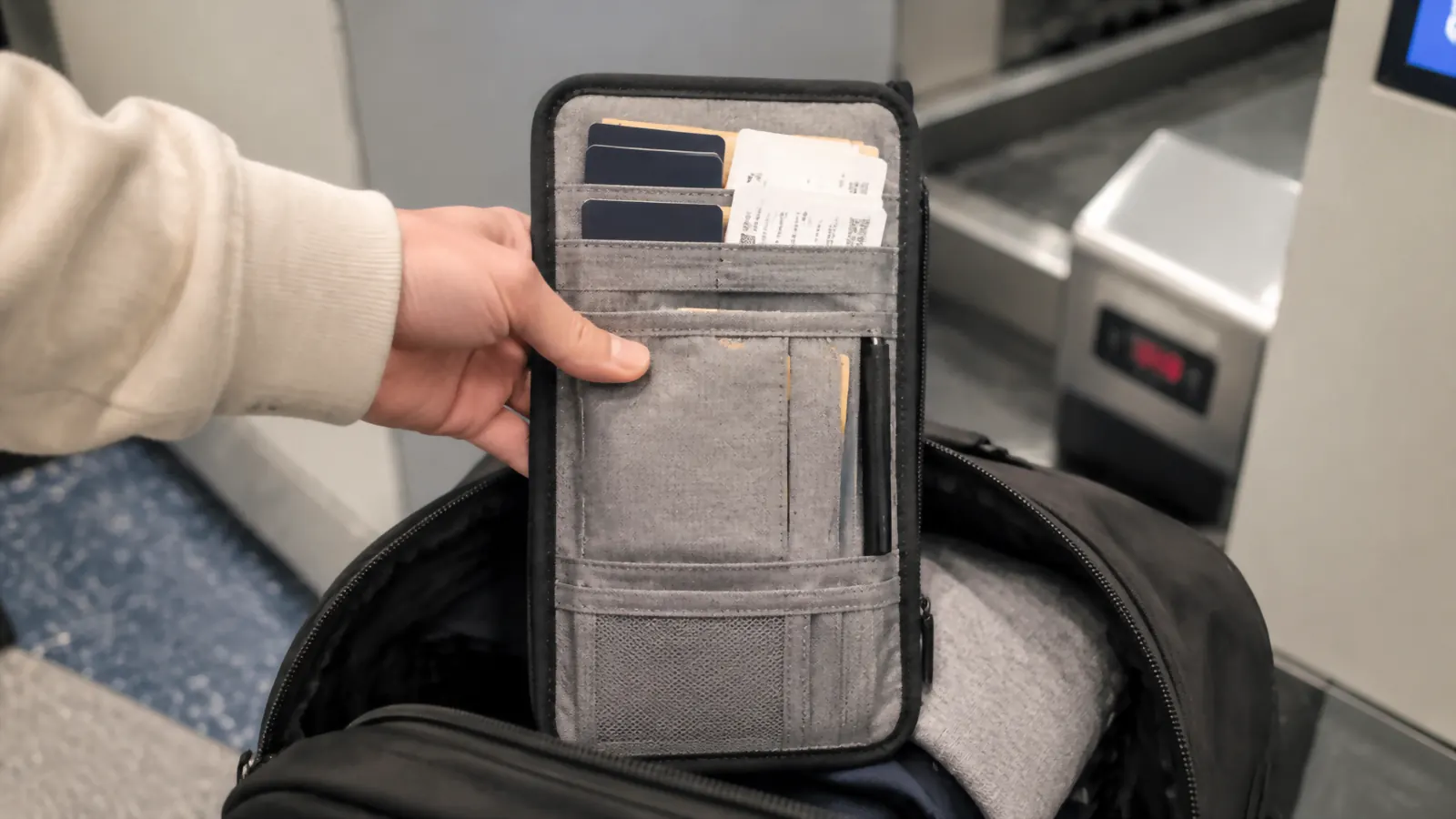 A hand pulling a gray family document organizer out of a carry-on bag at an airline check-in counter
