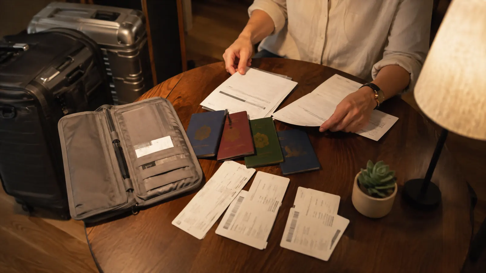 A family sorting passports, boarding passes, and printed itineraries on a kitchen table the night before a flight