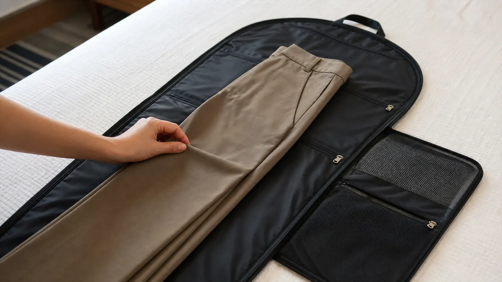 Hand folding suit trousers along their crease before laying them inside the garment bag