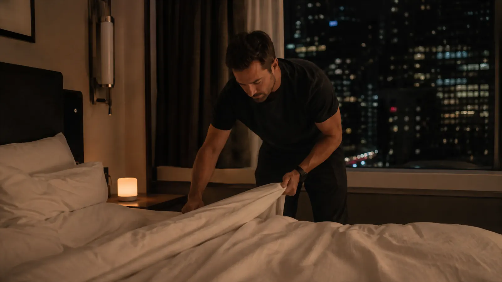 A traveler settling into a hotel bed at night with city lights visible through the window and a sound machine running on the nightstand