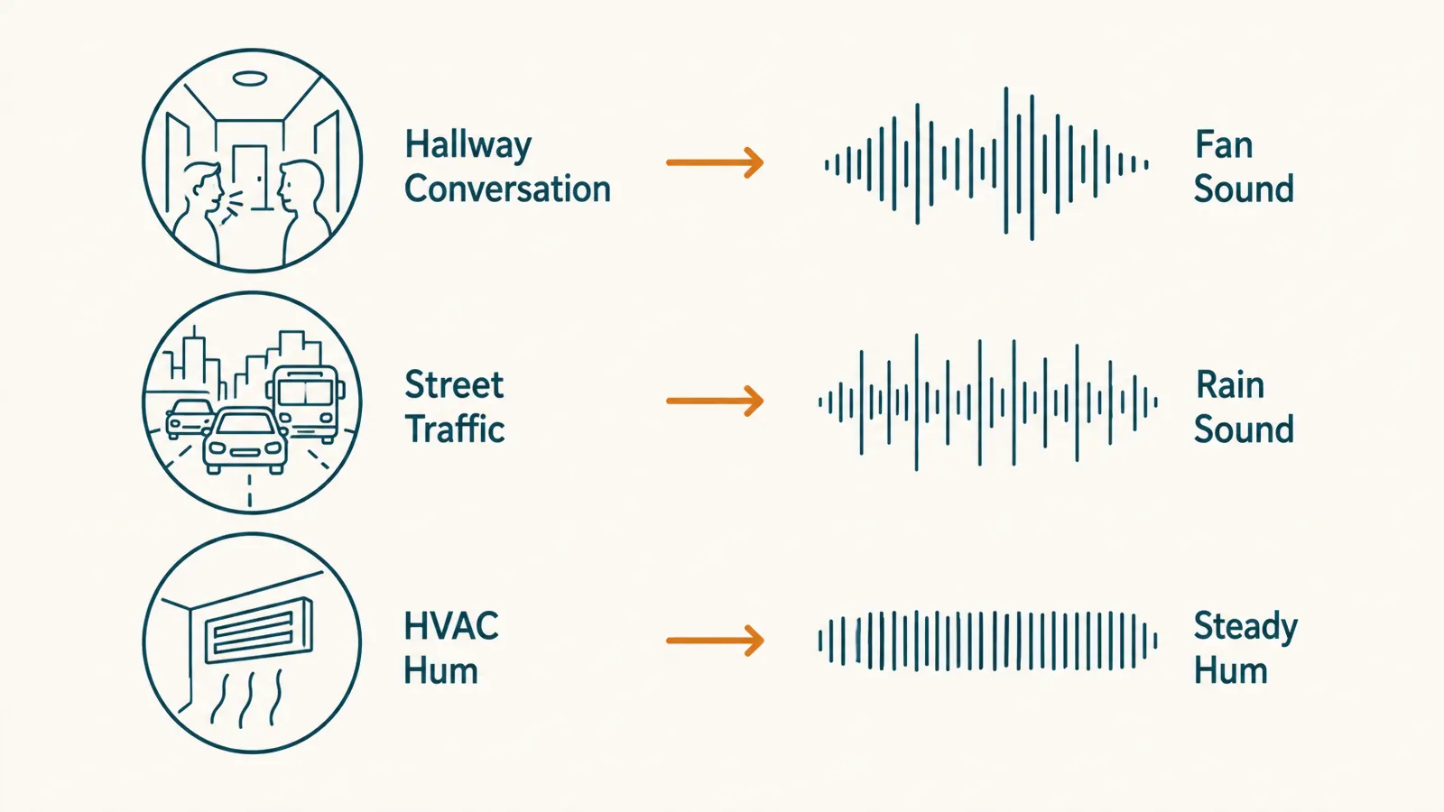 Simple diagram matching common hotel noise sources, hallway voices, traffic, mechanical hum, to the type of sound that covers each one