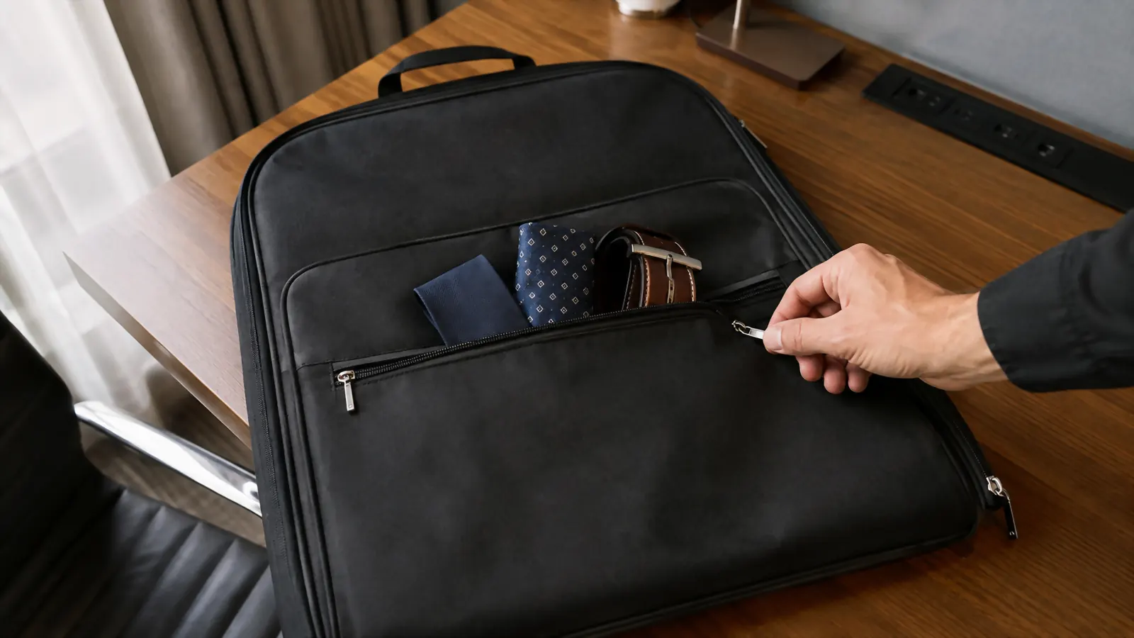 Hand zipping the accessories pocket of the Lazebox garment bag on a hotel room desk