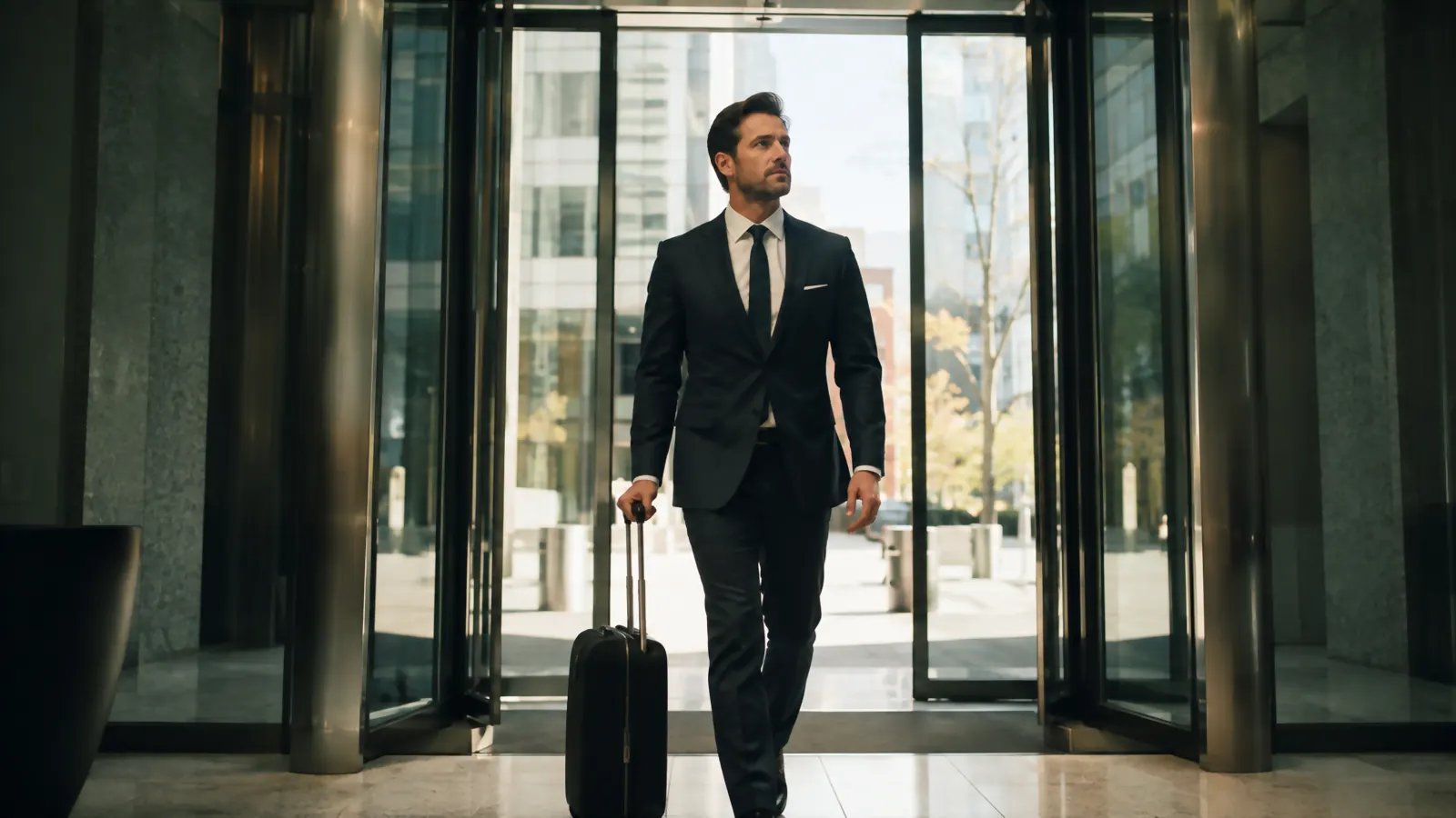 Traveler in a pressed suit walking into a glass-fronted office building lobby