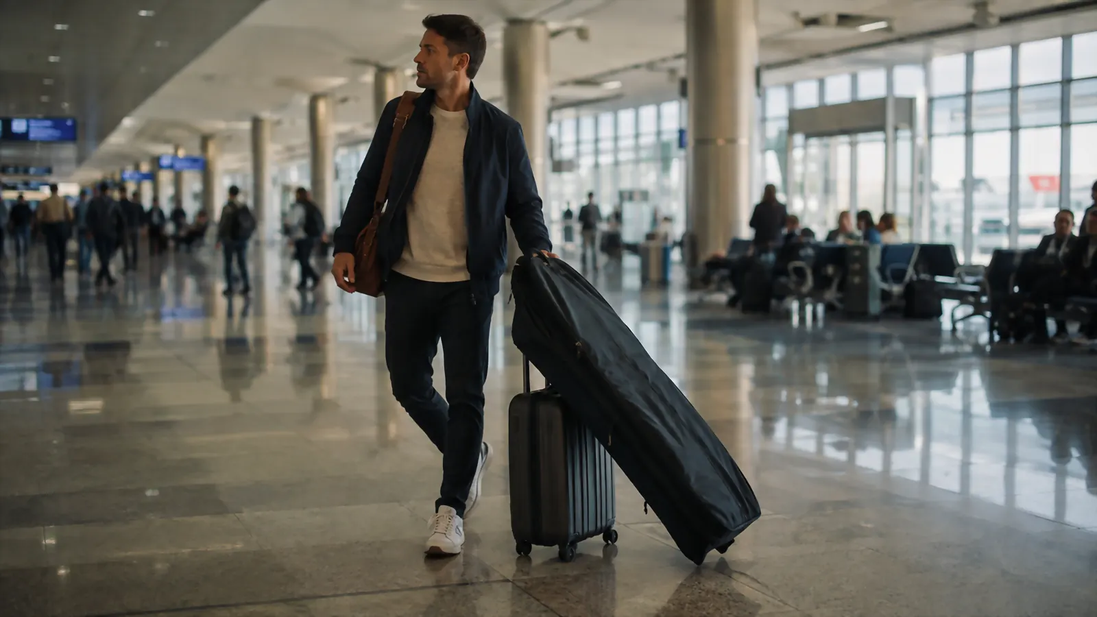 A traveler walking through an airport terminal with a garment bag draped over a shoulder bag