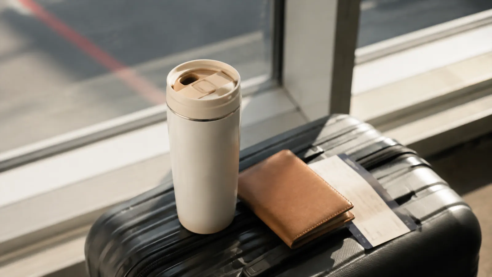 The Owala SmoothSip tumbler open with its slider lid pushed back, sitting next to a wallet and boarding pass on a hard-shell suitcase