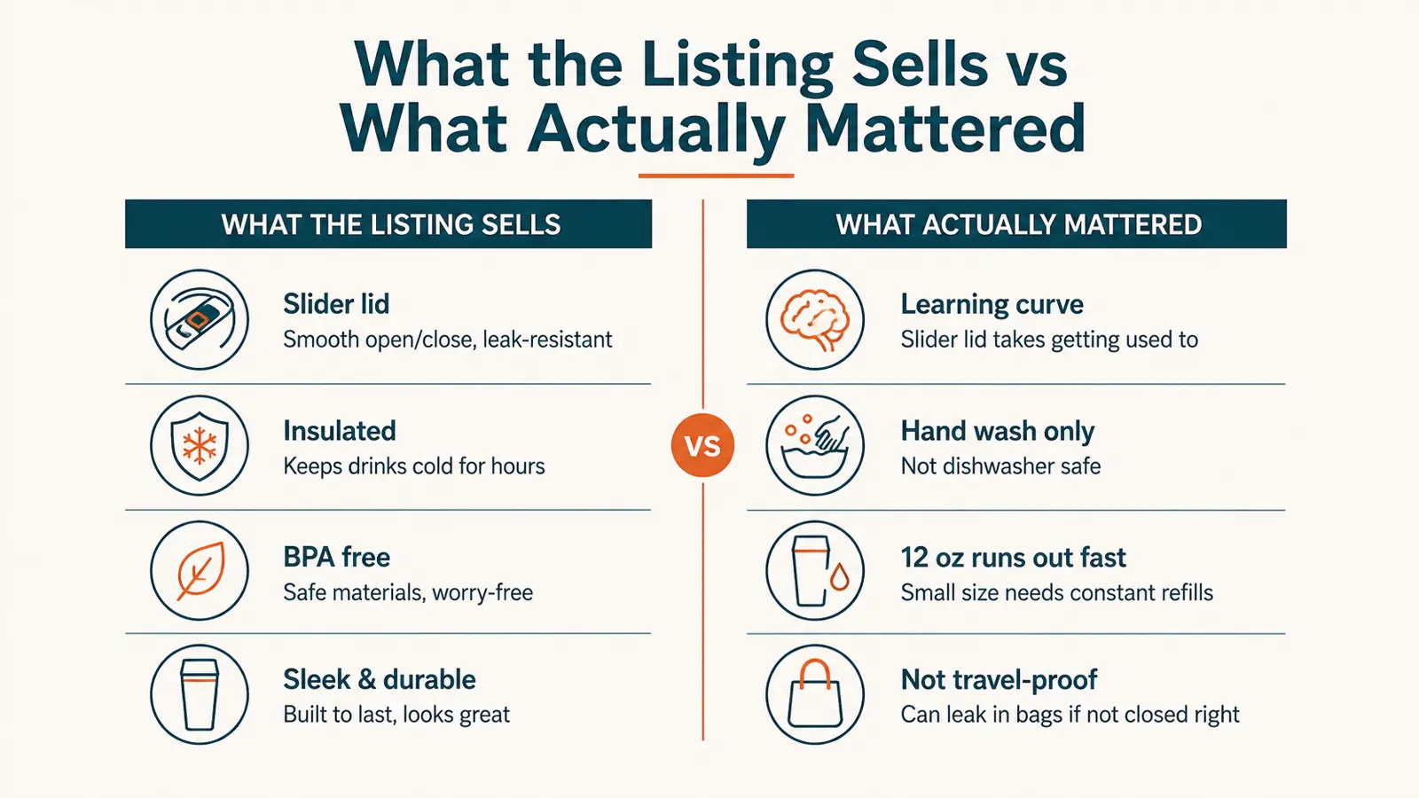 Chart comparing what the product listing emphasizes versus what actually mattered after weeks of travel use