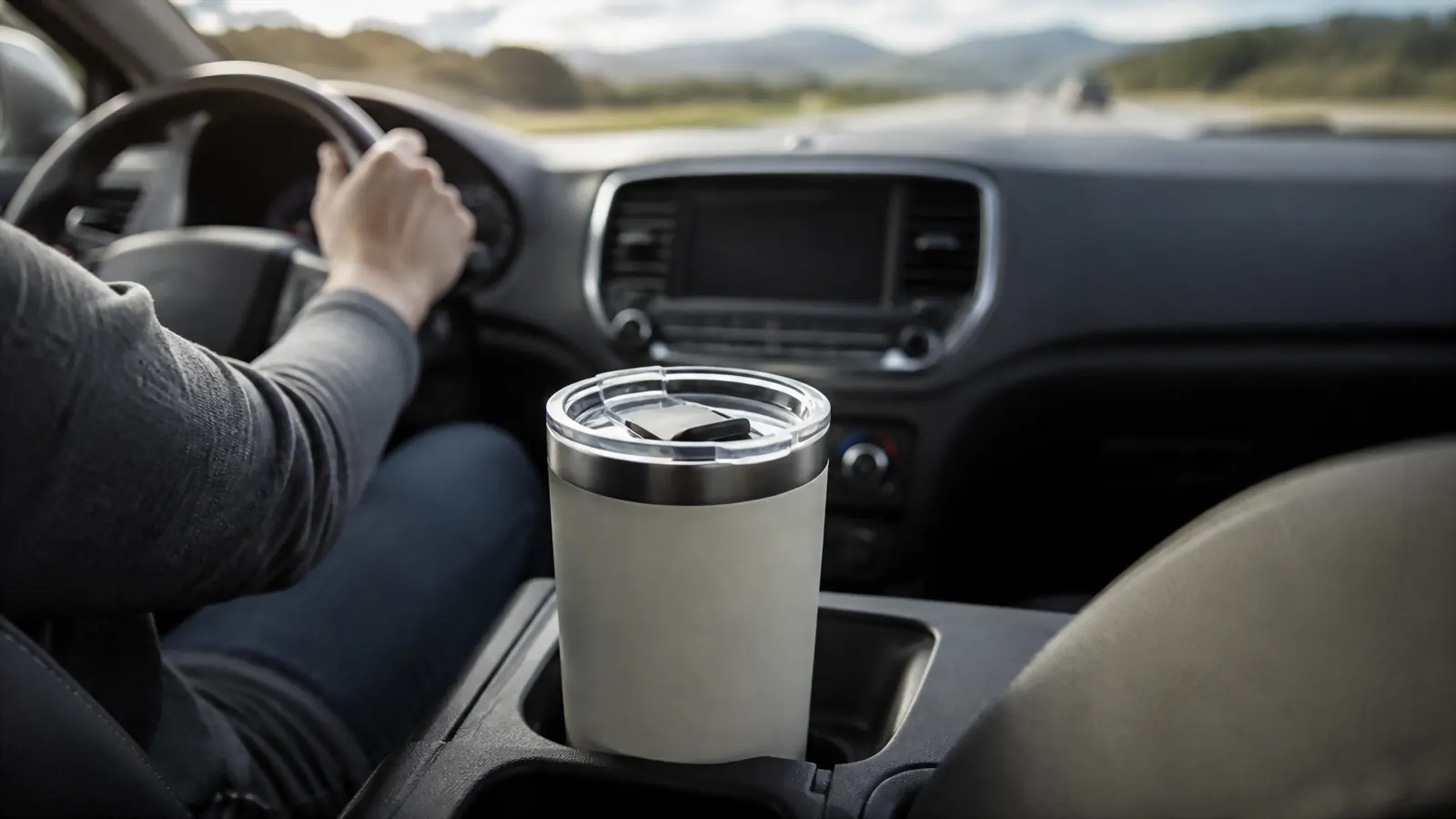 The insulated tumbler sitting in a rental car cupholder with a highway visible through the windshield