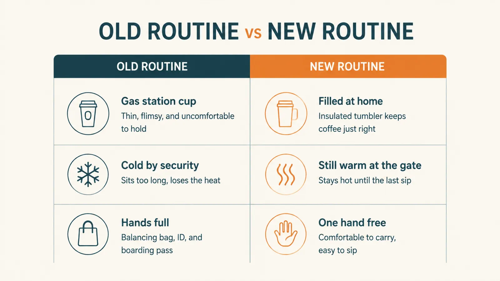 Chart comparing the old grab-and-go coffee routine to the new tumbler routine across a few plain categories
