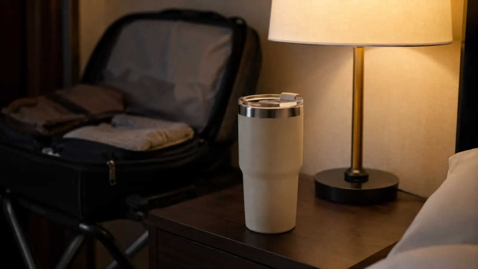 The Owala SmoothSip tumbler sitting on a hotel nightstand next to a packed carry-on bag in the evening