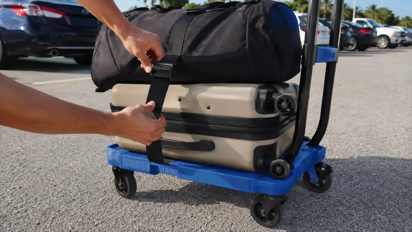 Hands strapping a suitcase and duffel bag onto the SPACEKEEPER folding hand truck in a rental car parking lot
