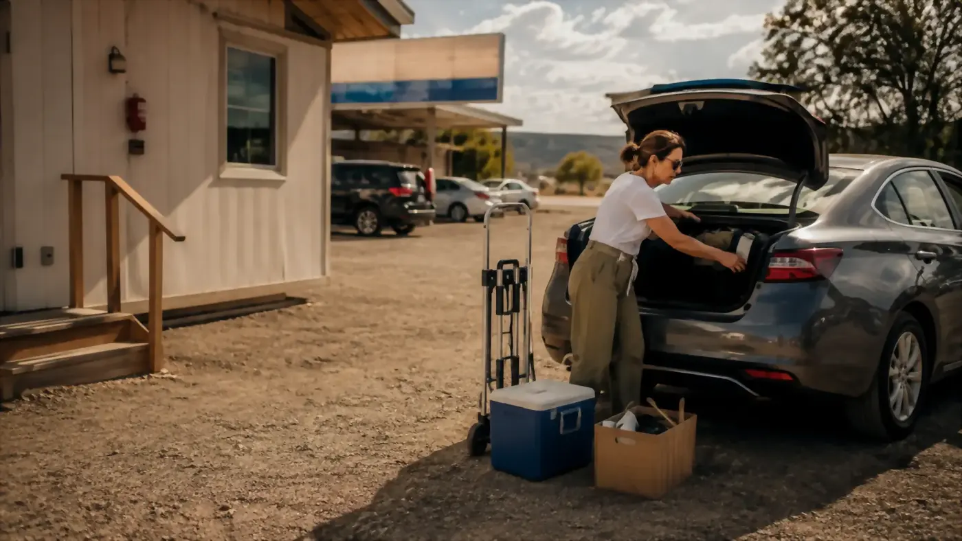 A folded luggage cart leaning against a car trunk in a gravel lot behind a rental car office