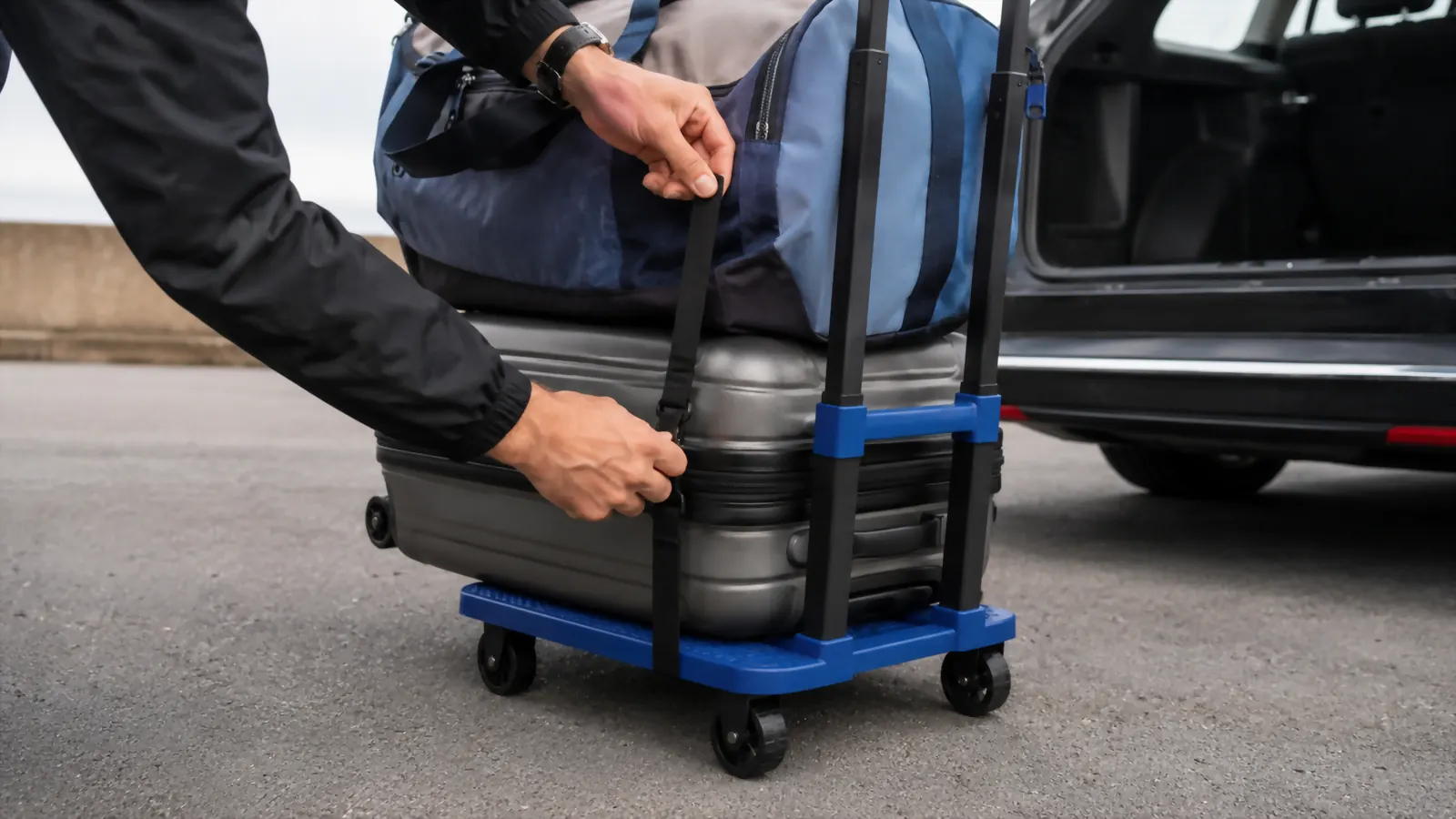 Close-up of hands loading and strapping a suitcase onto the SPACEKEEPER folding cart beside a rental car trunk