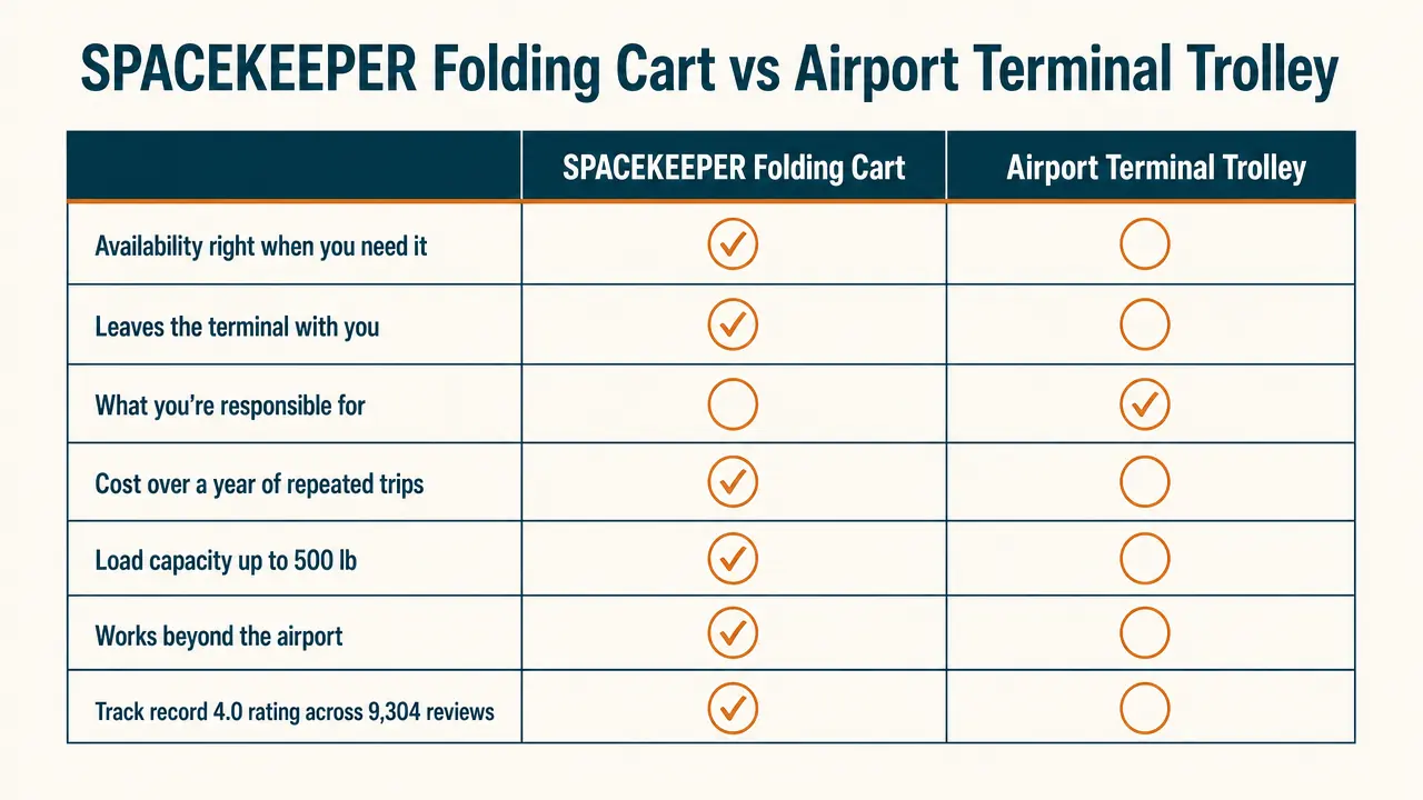 Chart comparing the SPACEKEEPER folding cart against an airport terminal trolley across seven qualitative factors, with a check on each side per factor