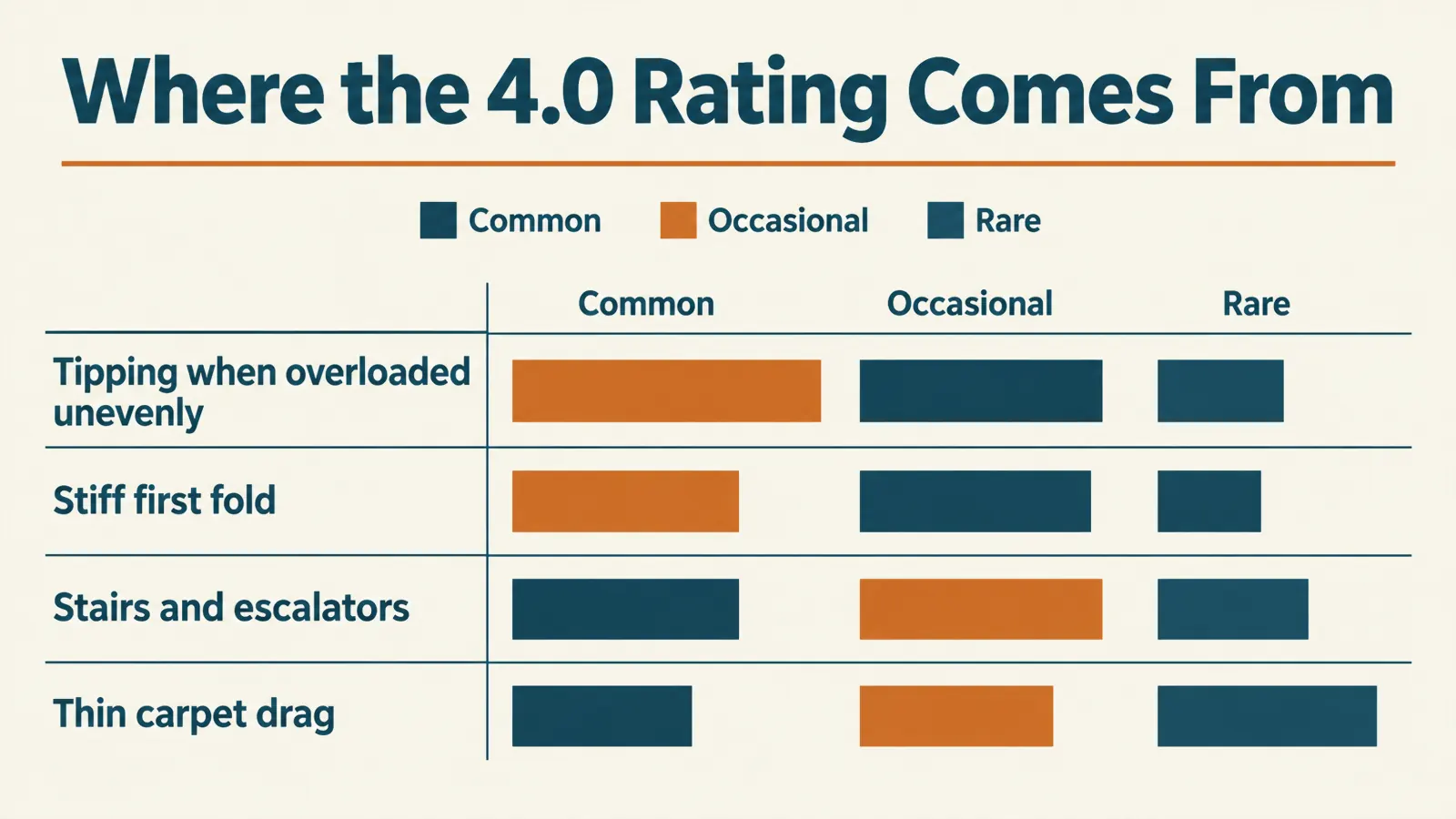 Chart showing common complaint categories behind the 4.0 star rating and how often they came up in real use