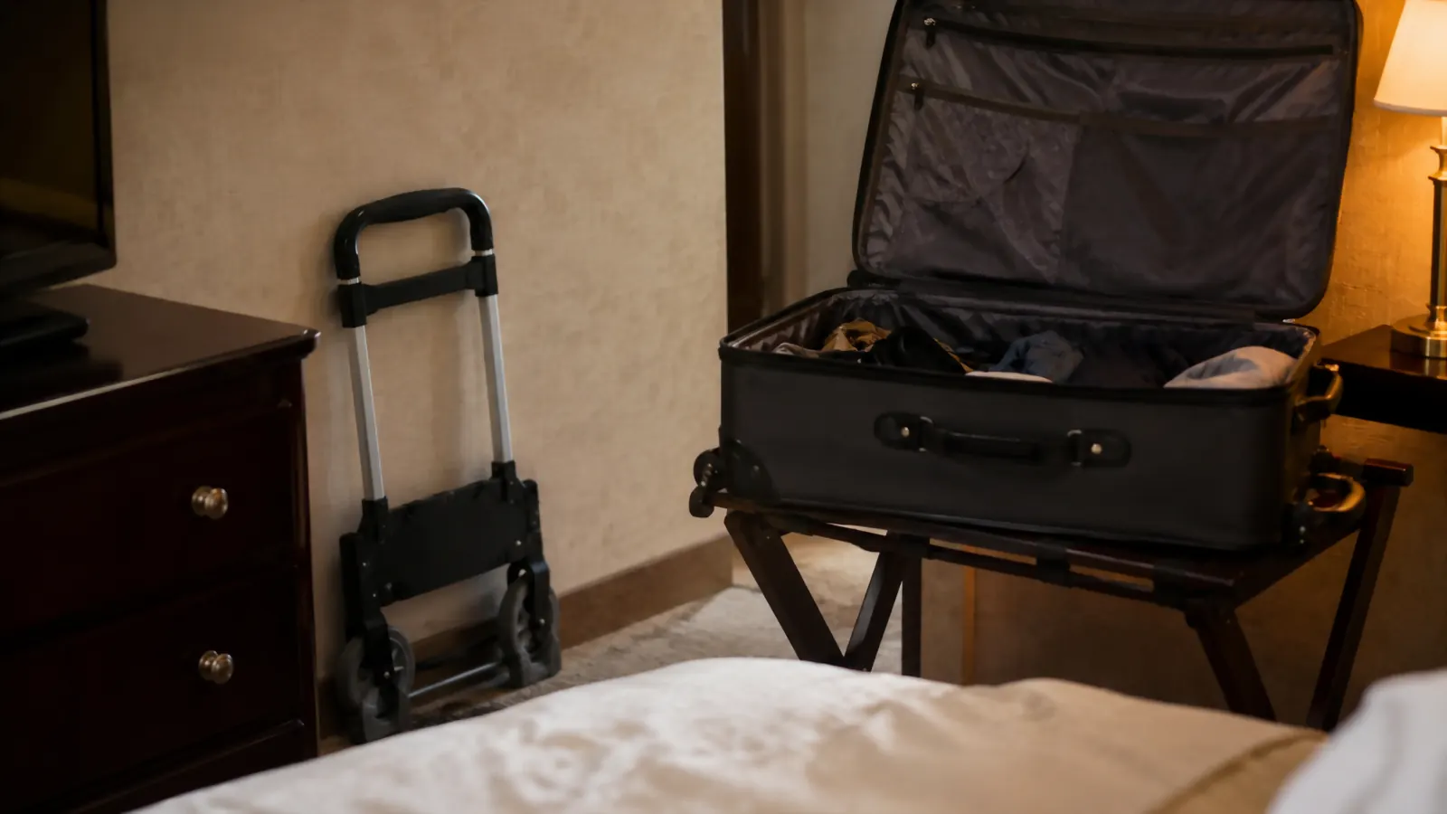 A folding hand truck standing empty and folded flat against a hotel room wall next to a suitcase