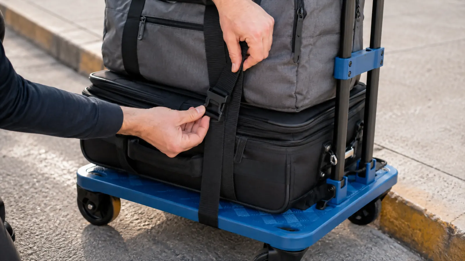 Hands strapping a stacked duffel bag and rolling suitcase onto the SPACEKEEPER folding hand truck