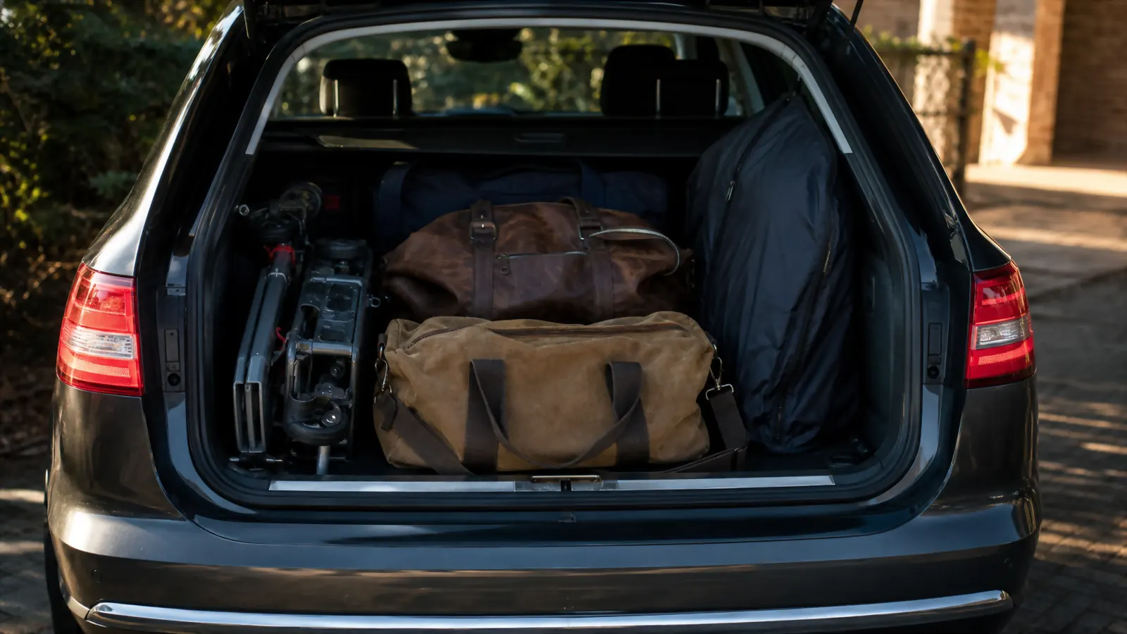 A folded hand truck tucked beside luggage in the trunk of a car ready for a road trip