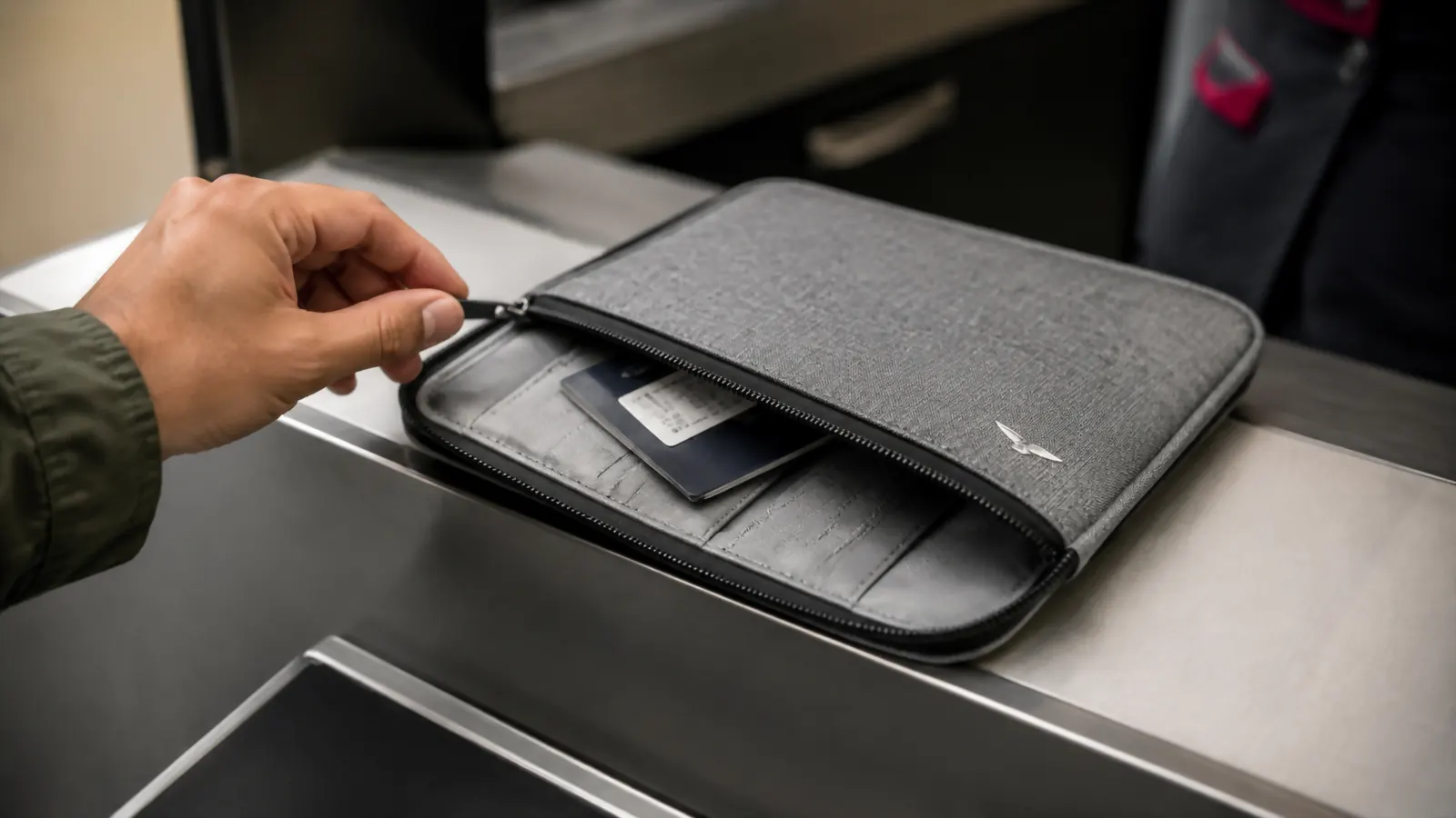 Hand unzipping the gray Valante document organizer at a check-in counter, boarding passes and a passport corner visible