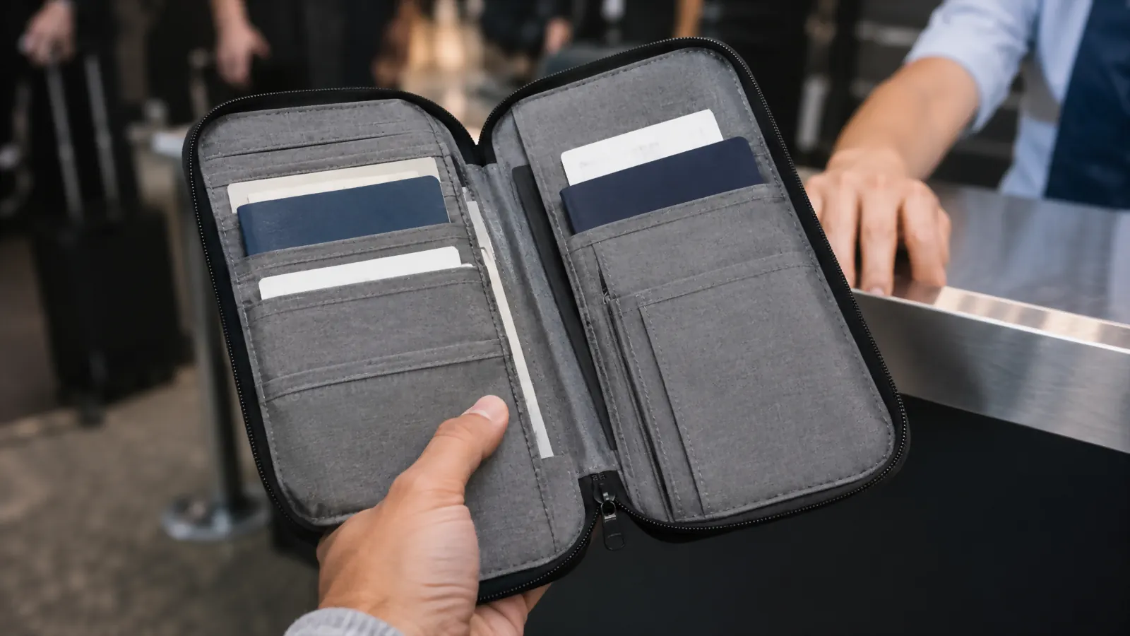 Hand holding open the Valante gray document organizer showing passports and boarding passes tucked inside