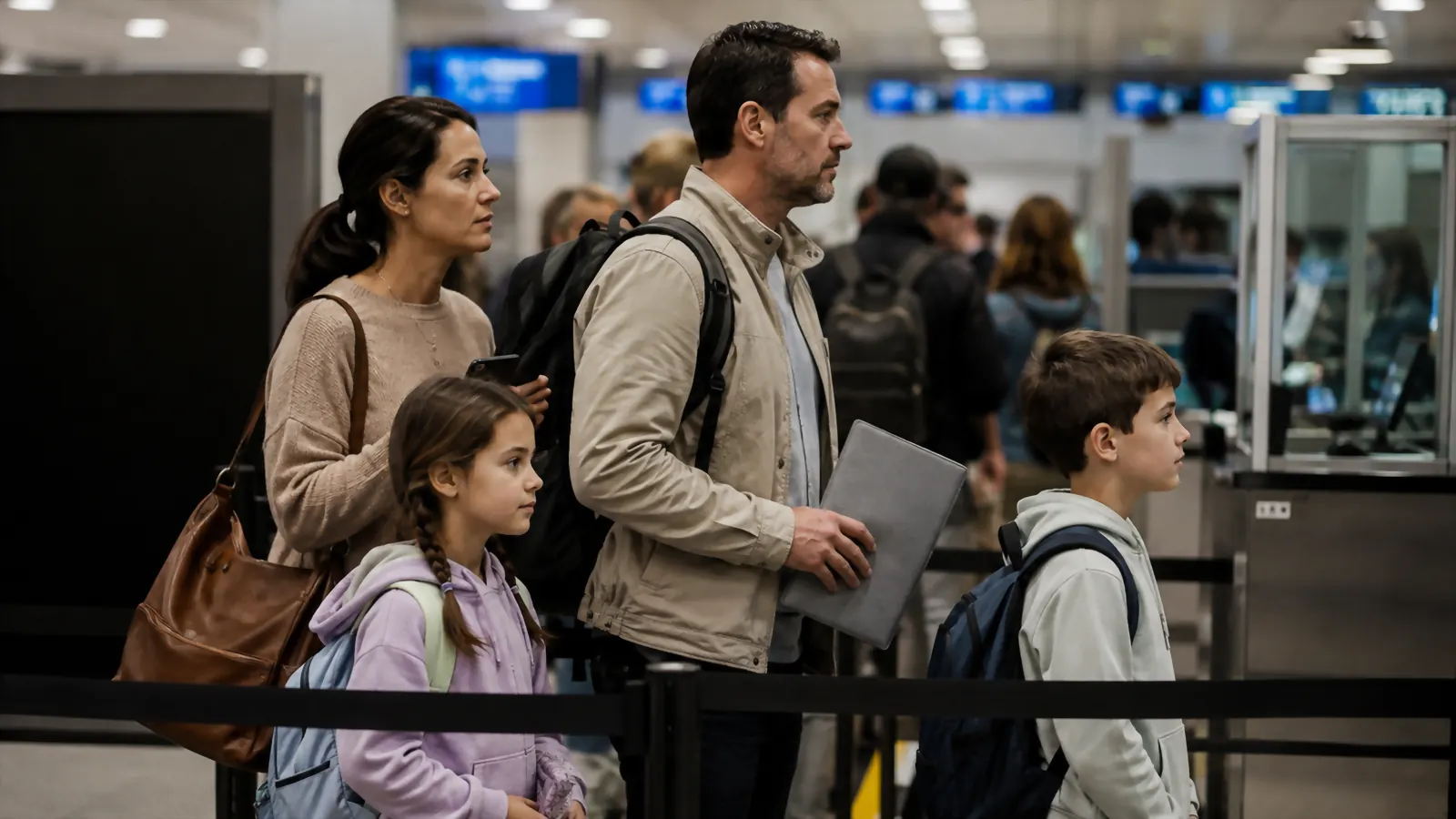Family waiting in a customs line at an international airport, parent holding documents ready