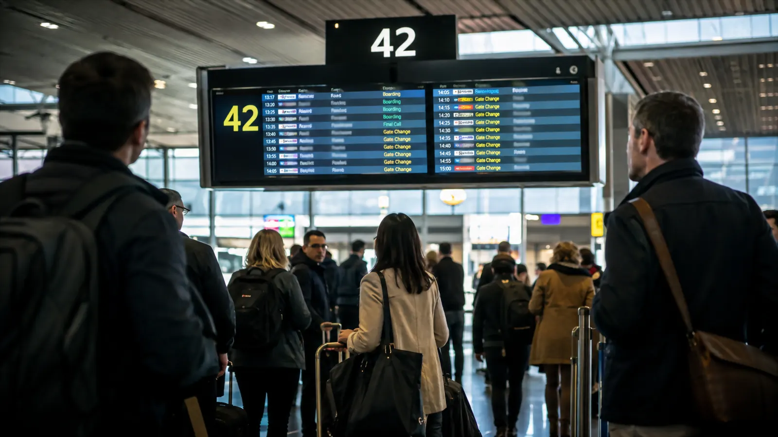 A departure board showing a changed gate number above a crowded airport concourse