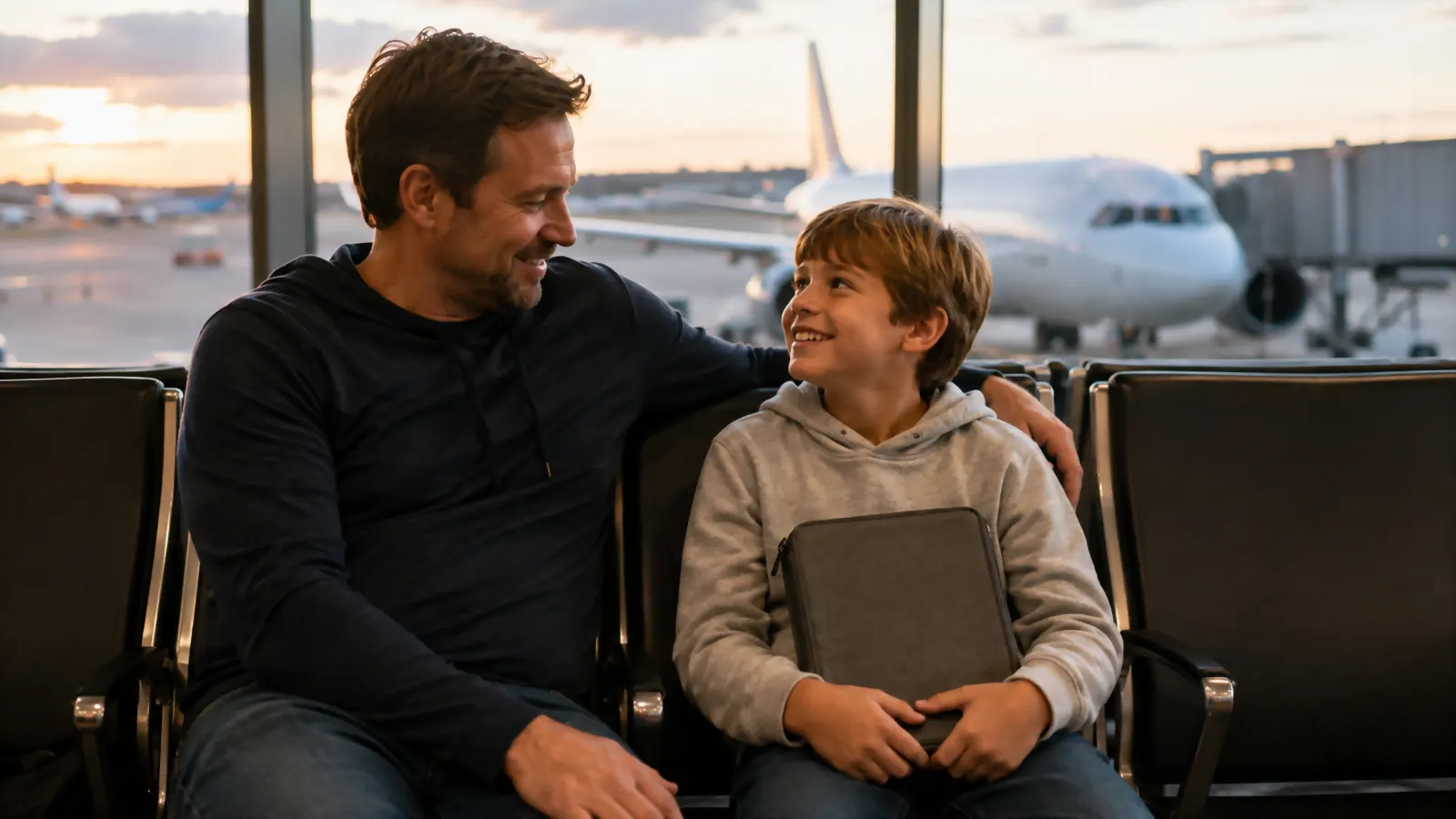 A father and young son sitting at a gate, the boy holding the closed gray document organizer on his lap