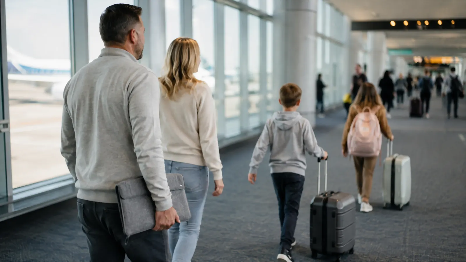 A family of four walking through an airport terminal, one parent holding the closed gray document organizer under one arm